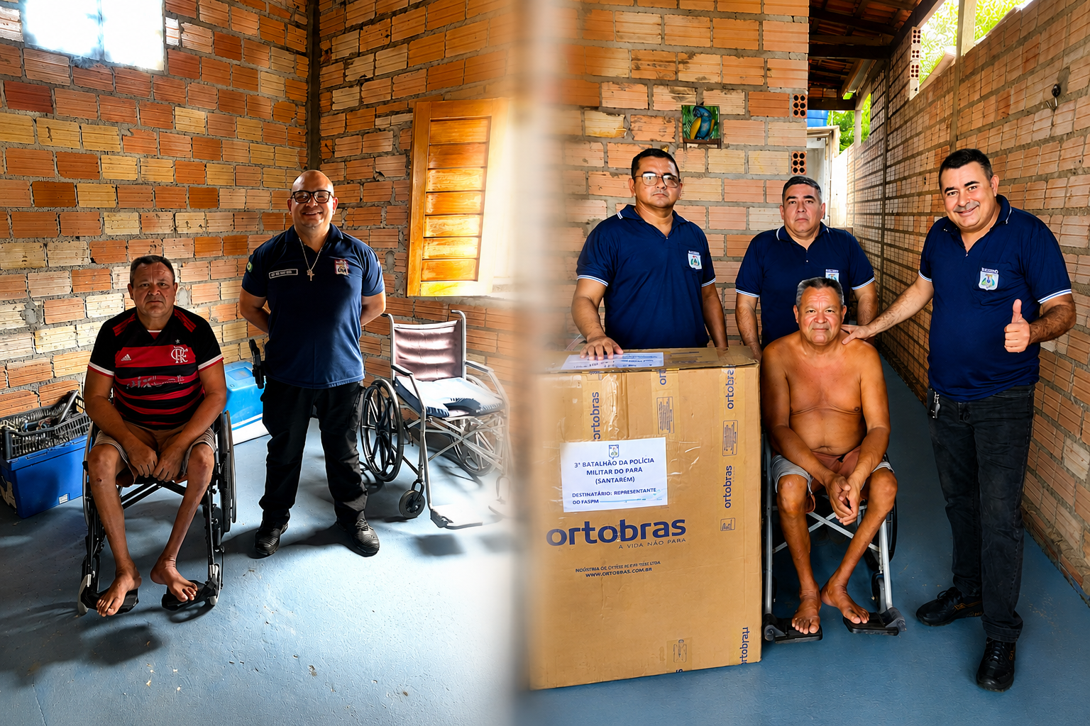 Militares do FASPM entregando uma cadeira de rodas ao contribuinte no Munícipio de Santarém.